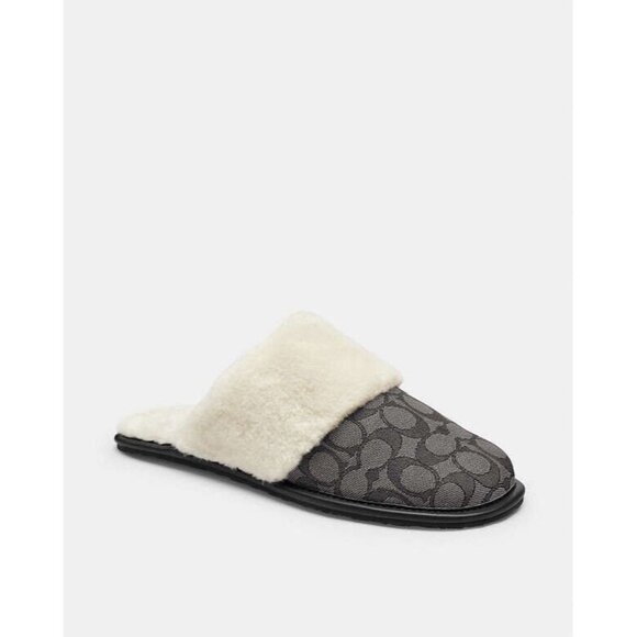 Coach Women Zena Slippers Smoke Coal Black Shearling Lined Logo Mules - Picture 1 of 6